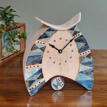 Pottery Large Mantel Clock In Blue Triangle Pattern, 4 of 8