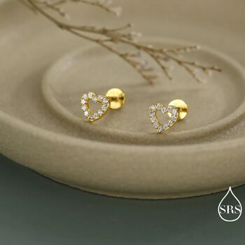 Tiny Open Heart Internally Threaded Flat Back Earrings In Sterling Silver, 7 of 11