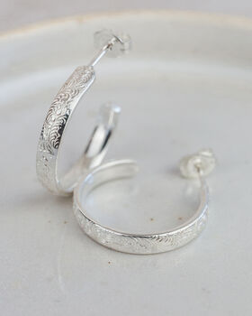 Sterling Silver Lace Textured Everyday Hoops, 4 of 12
