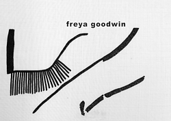 a screen print in black on white, abstract image with my name : freya goodwin 