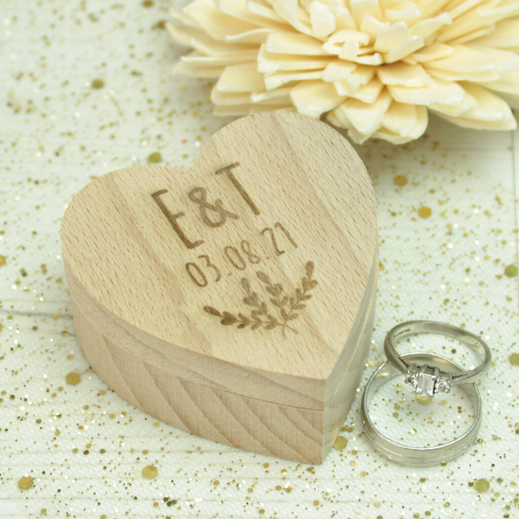 Personalised Initials Wooden Heart Wedding Ring Box By Love Lumi Ltd
