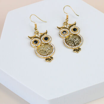 Silver/Gold Plated Encrusted Owl Earrings, 5 of 10