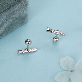 Sterling Silver Trout 18 G Screw Back Stud Earrings With Ball Backs, 5 of 11