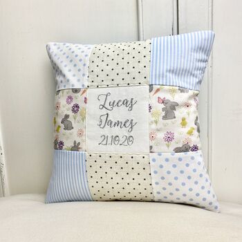 Personalised Blue And Grey Bunny Name Cushion, 10 of 10