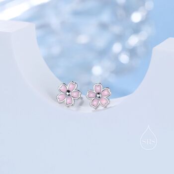 Enamel Cherry Blossom Stud Earrings Sterling Silver, 2 of 10