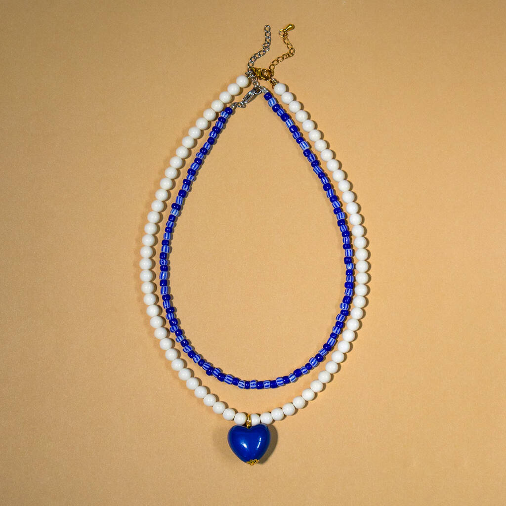 Cream And Blue Stripe Bead Necklace Set Of Two, 1 of 5