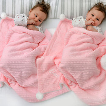 Personalised Twins Pink Cable Knit Pom Pom Blankets, 5 of 9