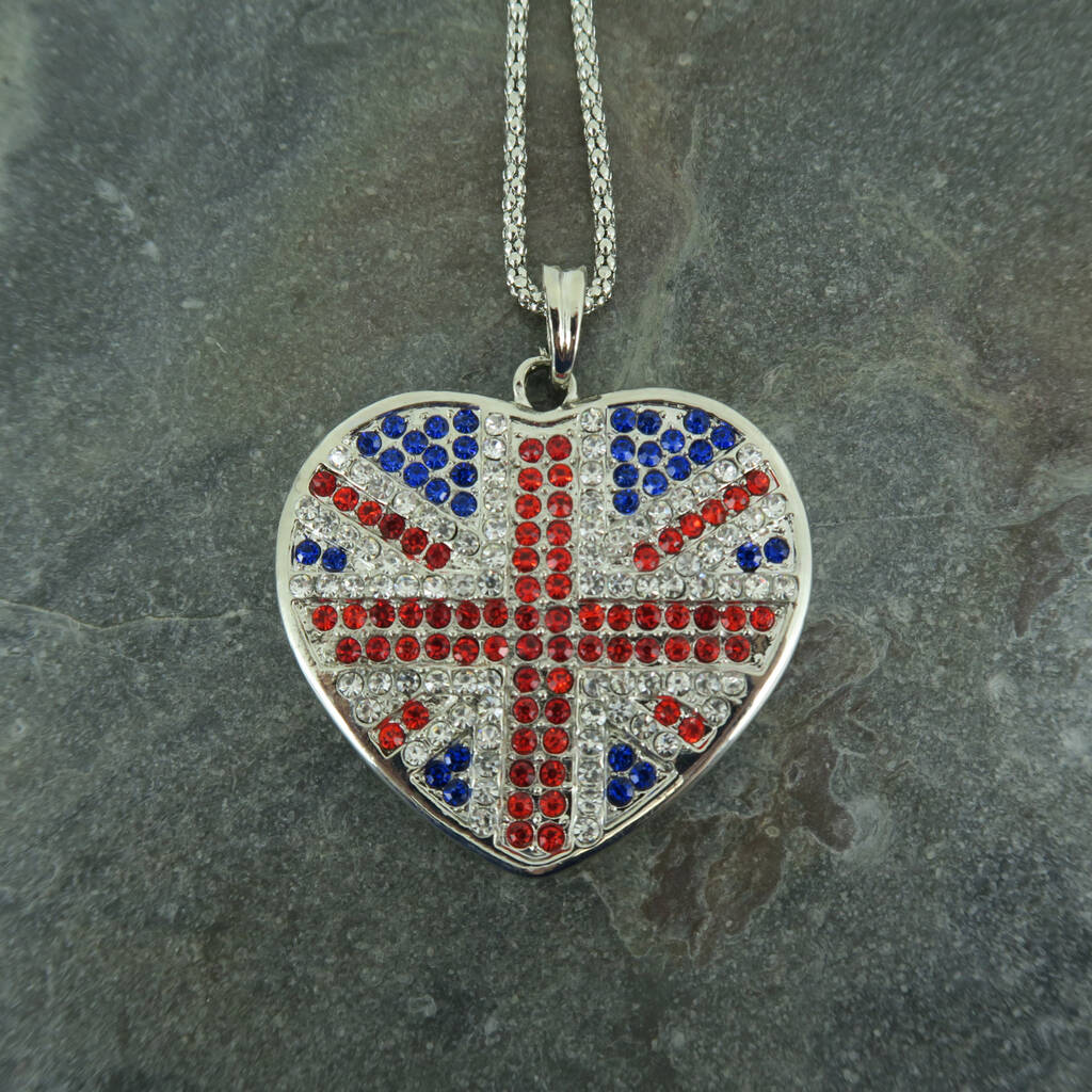 British Union Jack Heart Necklace With Crystals By ATLondonJewels
