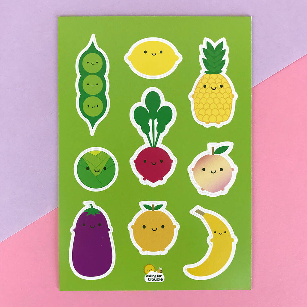kawaii sticker sheets with food nature self care by
