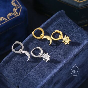Sun And Moon Face Hoop Earrings In Sterling Silver, 7 of 12