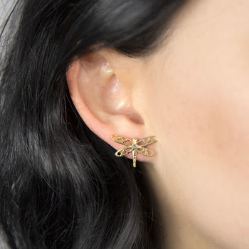 Gold Plated Sterling Silver Dragonfly Stud Earrings, 2 of 5