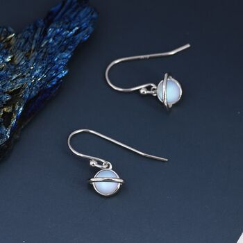 Little Simulated Moonstone Planet Drop Hook Earrings, 4 of 10