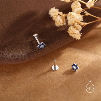 Tiny Sapphire Blue Cz Flower Internally Threaded Flat Back Earrings In Sterling Silver, 4 of 10