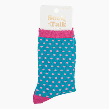 Women's Glitter Socks Turquoise Hot Pink Polka Dots, 4 of 4