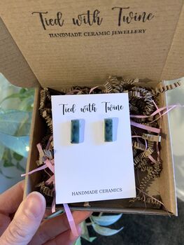 Crackle Blue Green Ceramic Bar Stud Earrings Minimalist Rectangular Studs, 11 of 11