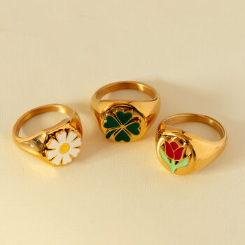 Chunky Signet Ring Emerald Green Clover, Gold Colour, 3 of 4