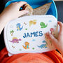 Personalised Dino Name Blue Lunch Box For Kids, thumbnail 1 of 2