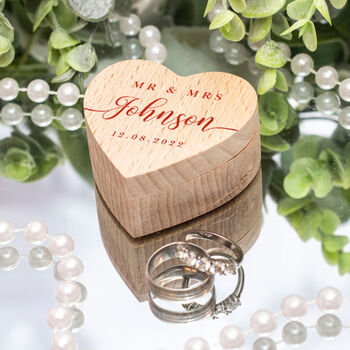 Classic Script Printed Wooden Heart Wedding Ring Box, 2 of 3