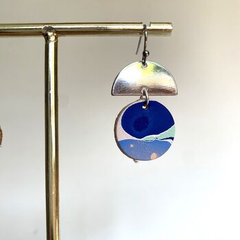Handmade Leather Small Full Moon Dangly Earrings Marbled, 4 of 8