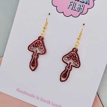 Red Mushroom Illustrated Glitter Earrings, 4 of 4