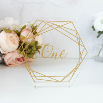 Gold Wedding Table Number On Clear Acrylic Hexagons, 7 of 7