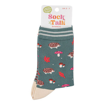 Autumn Woodlands Hedgehog Bamboo Socks Women's Sage Green, 4 of 4