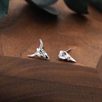 Mismatched Sterling Silver Bird Skull And Bull Skull Stud Earrings, 4 of 11