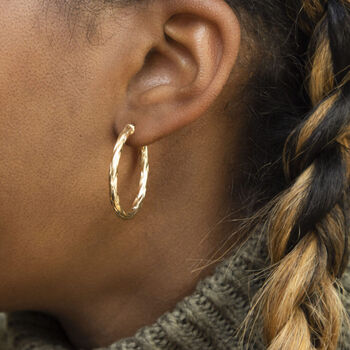 9ct Yellow Gold Patterned Oval Hoop Creole Earrings, 2 of 3