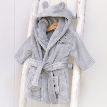 Personalised Grey Baby Dressing Gown With Ears And Age, 5 of 8