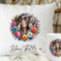 Personalised Dappled Chocolate Dachshund Summer Floral Dog Wreath Cushion And Mug Bundle, thumbnail 1 of 4