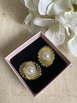 Gold Sunburst Pearl Stud Earrings, 4 of 6