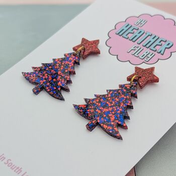 Red And Blue Christmas Tree With Star Glitter Resin Earrings, 4 of 4