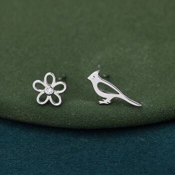 Sterling Silver Cardinal Bird And Flower Stud Earrings, 3 of 7