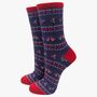 Women's Bamboo Socks Navy Red Robin Fair Isle, thumbnail 2 of 3