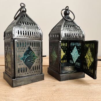 Silver Moroccan Style Lantern Green And Blue Glass, 2 of 11