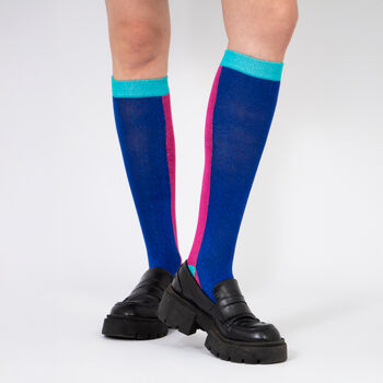 Women's Knee High Glitter Socks Blue Pink Colour Block, 2 of 3