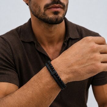 Men’s Adjustable Black Double Leather And Bead Bracelet – 12mm Woven Design With Black Stainless Steel Clasp, 4 of 7