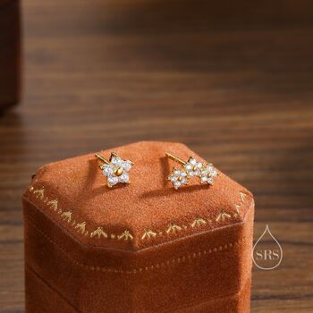 Sterling Silver Asymmetric Forget Me Not Flower Bouquet Cz Stud Earrings, 5 of 12