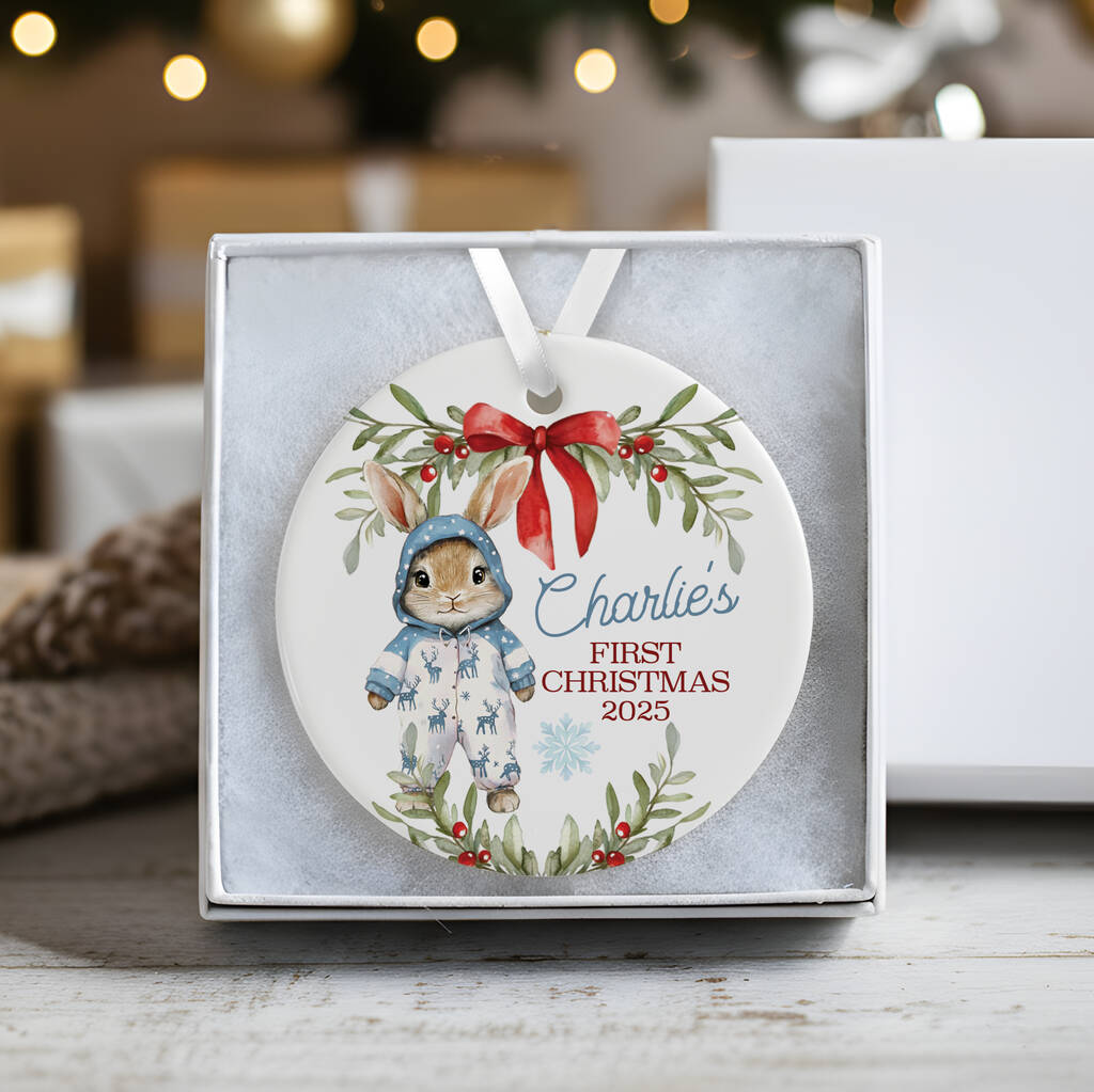 Personalised Baby's First Christmas Ceramic Bauble In Pink, Blue Or Red, 1 of 8