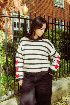 Cream Black Stripe Heart Sleeve Jumper, 2 of 5