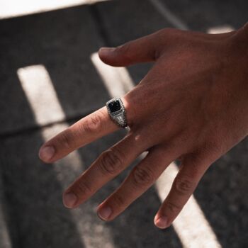 Men's Silver Black Quartz Gemstone Signet Ring, 2 of 12
