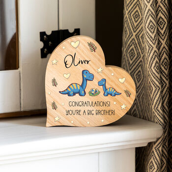Personalised Oak Heart Dinosaur Congratulations You're A Big Brother Gift, 2 of 4