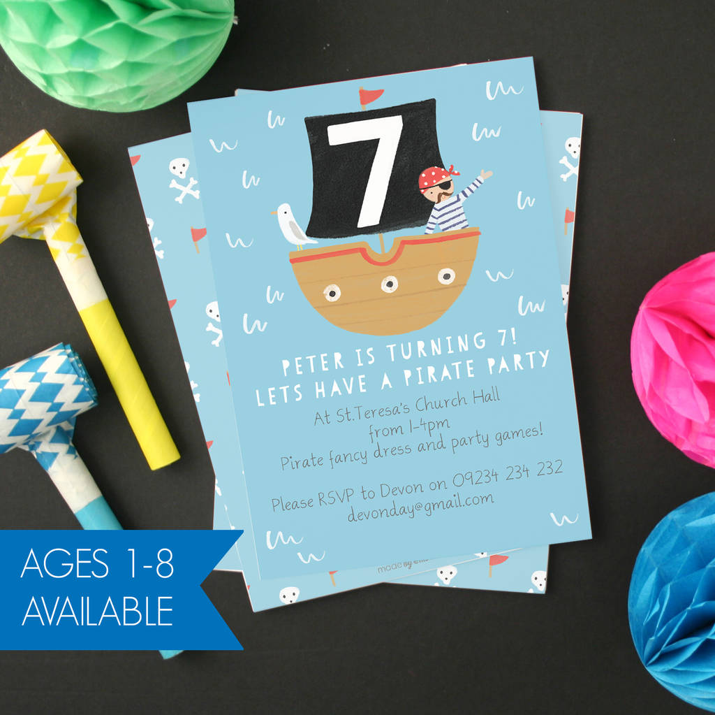 Personalised Pirate Children's Birthday Invitations By Made By Ellis