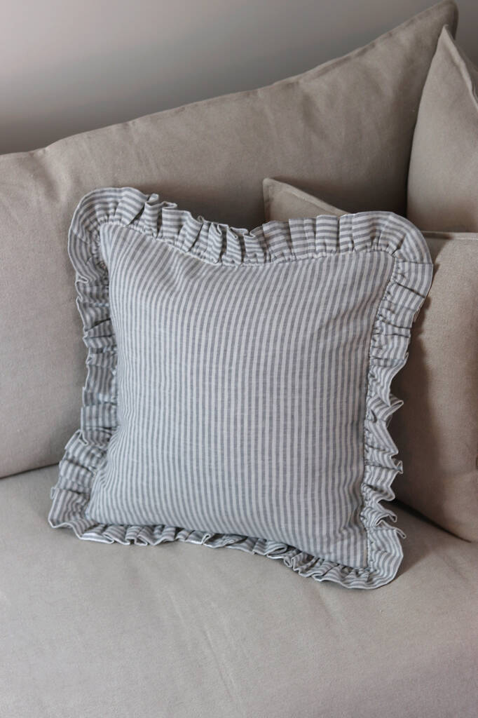 Ticking Stripe French Linen Frill Ruffle Cushion By Sun And Day