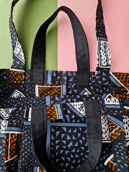 African Print Tote Bag | Grey Orange Deji Print, 3 of 6