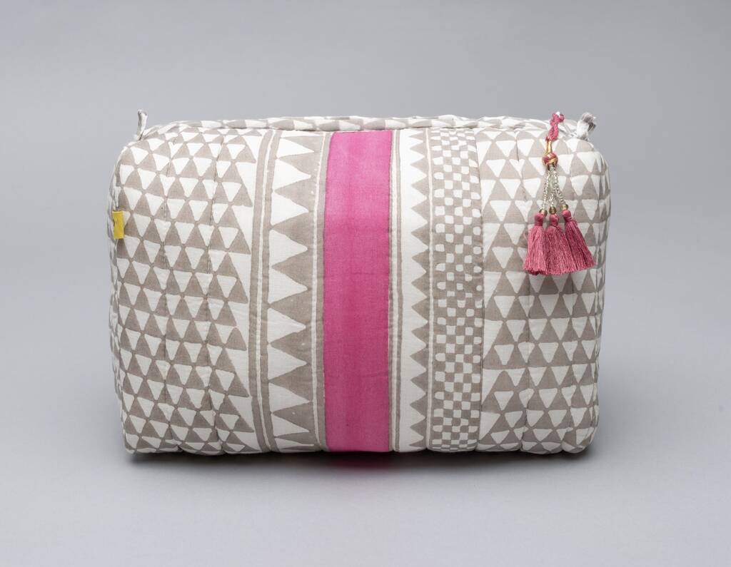 Sankari Stripe Pattern Cotton Washbag In Grey / Pink, 1 of 12