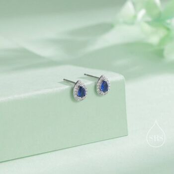 Sterling Silver Tiny Sapphire Blue Droplet Cz Halo Stud Earrings, 2 of 12