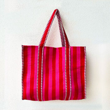 Tote Bag Quilted Cotton Print Pink Stripe Beach Bag, 6 of 6