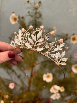 The Agatha Mini Crown Flower Girl Bridal Pearl Oak Leaf Tiara Headband, 2 of 11