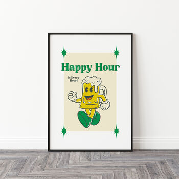 Retro Happy Hour Funny Beer Cartoon Wall Print, 3 of 4